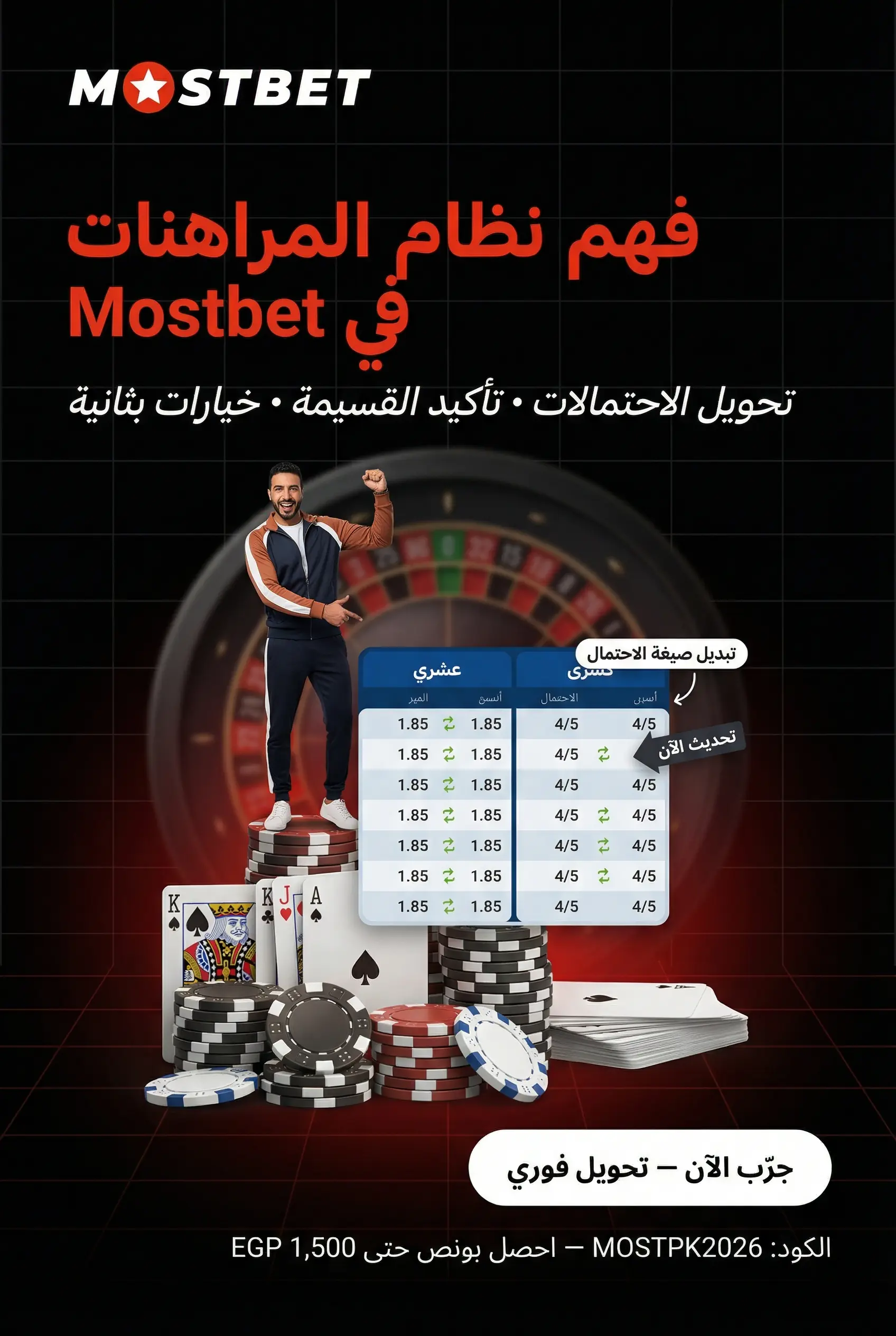 صورة عمودية توضح نظام المراهنات الرياضية في Mostbet