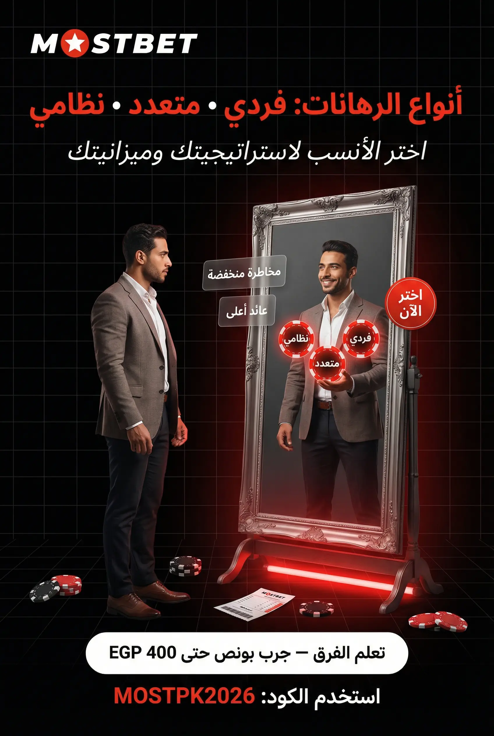 صورة عمودية عن أنواع الرهانات الفردية والمتعددة والنظامية